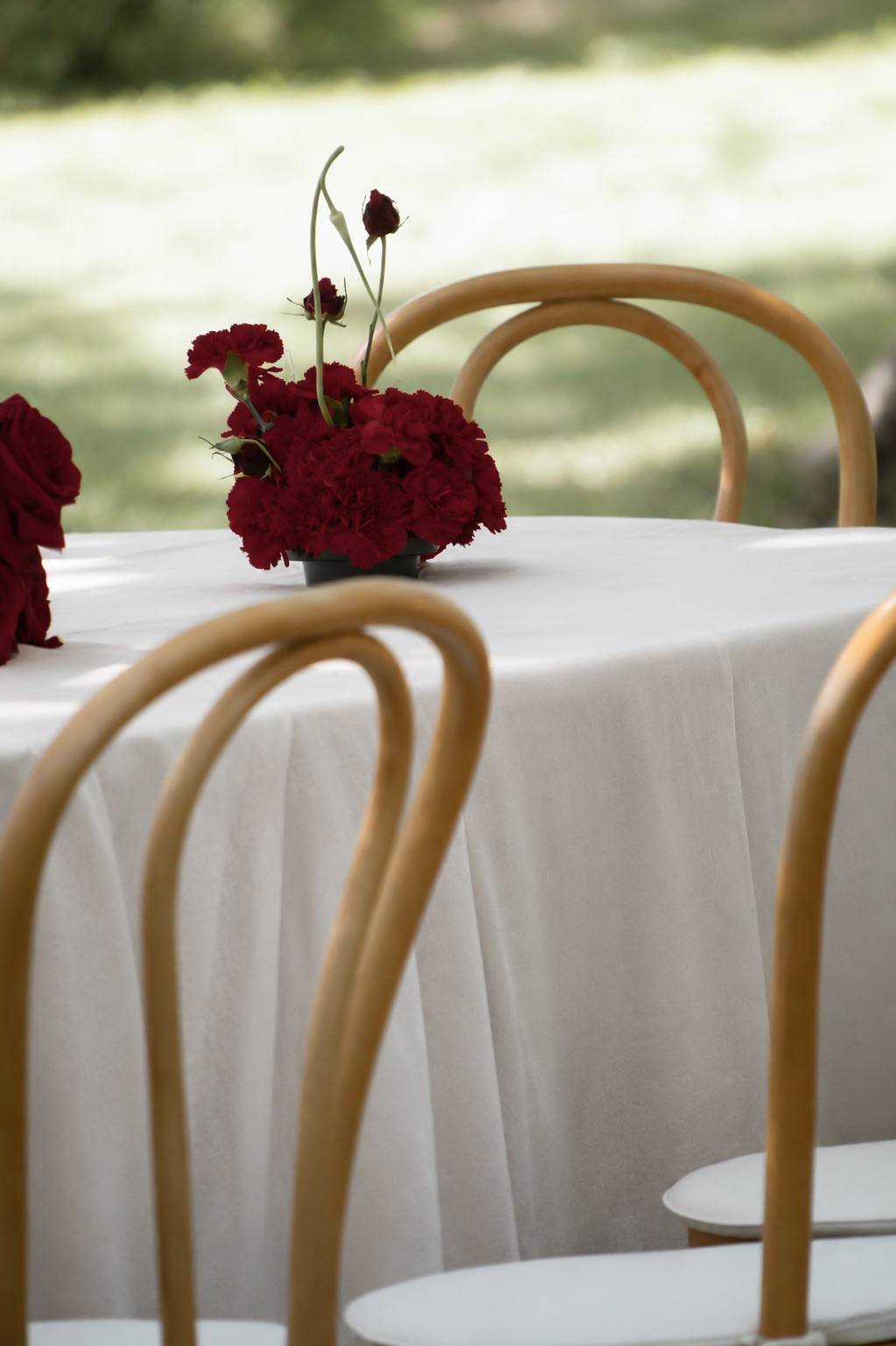 Chaise bistrot et fleurs rouges sur une nappe blanche